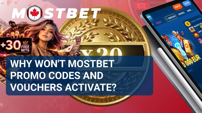 MostBet promo code and voucher troubleshooting banner with a bonus coin and tablet