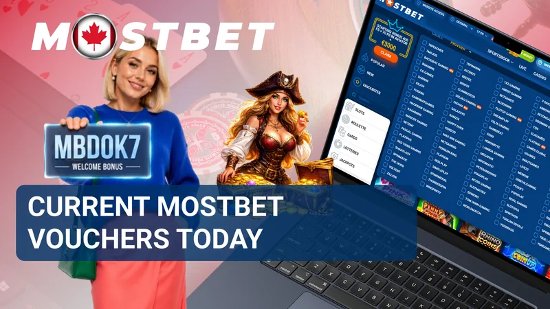 MostBet voucher offers banner with a welcome bonus card and casino catalogue on a laptop