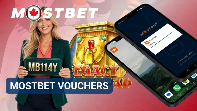 MostBet vouchers banner with a code card and smartphones showing app installation