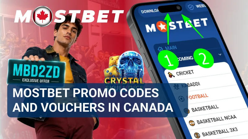 MostBet Canada promo codes and vouchers banner with a code card and mobile sports menu