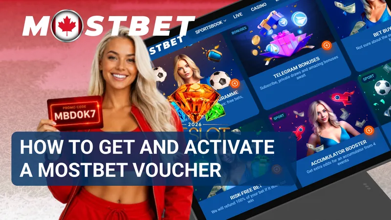 MostBet voucher activation banner beside a screen displaying bonus offers