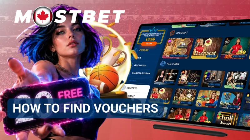 MostBet voucher search banner with a reward card and live casino games on a monitor