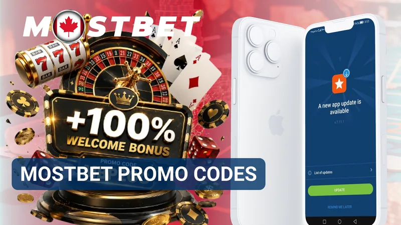 MostBet promo codes banner with a welcome bonus graphic and mobile app screen