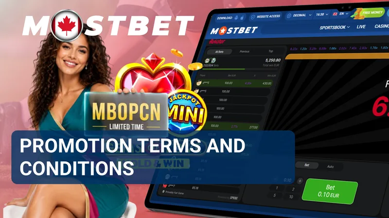 MostBet promotion terms banner with a limited-time code card and gaming screen