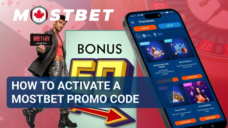 MostBet promo code activation banner with a code card and mobile promotions page