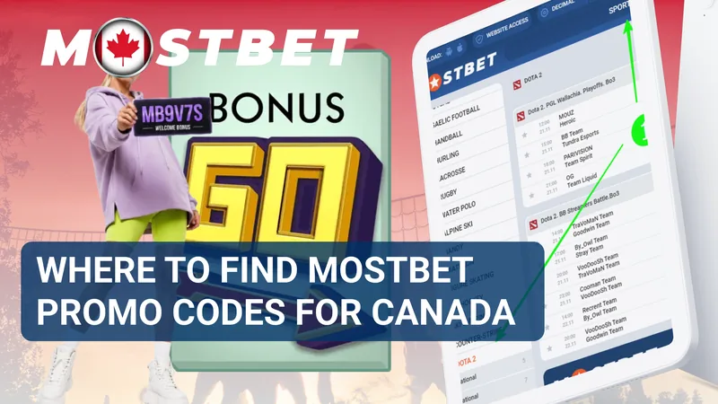 Banner about finding MostBet promo codes in Canada with a bonus card and sportsbook tablet