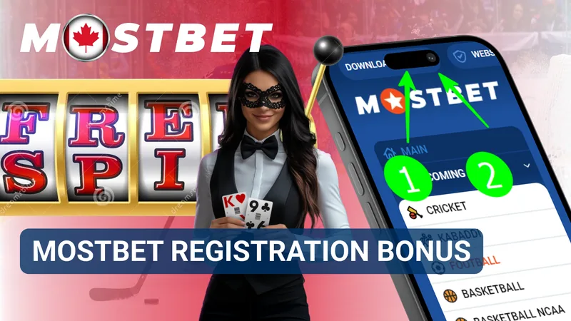 Welcome bonus banner showing registration rewards, promotional details, and available offer information on MostBet.