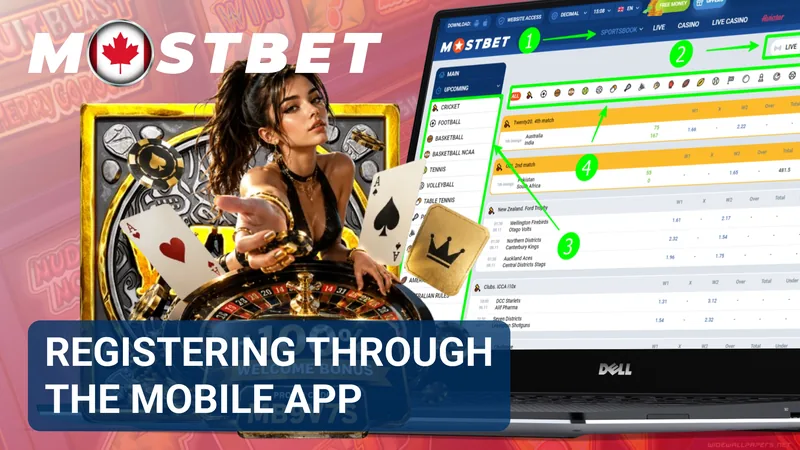 Smartphone displaying the MostBet mobile registration page with account setup fields and a confirmation button.