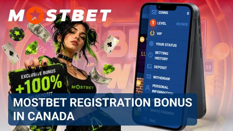A tablet screen displays the MostBet Canada registration bonus with a sign-up form and welcome reward banner.